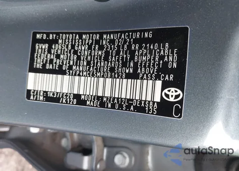 2021 Toyota Corolla Se из США, поврежденный, VIN 5YFP4MCE5MP081428